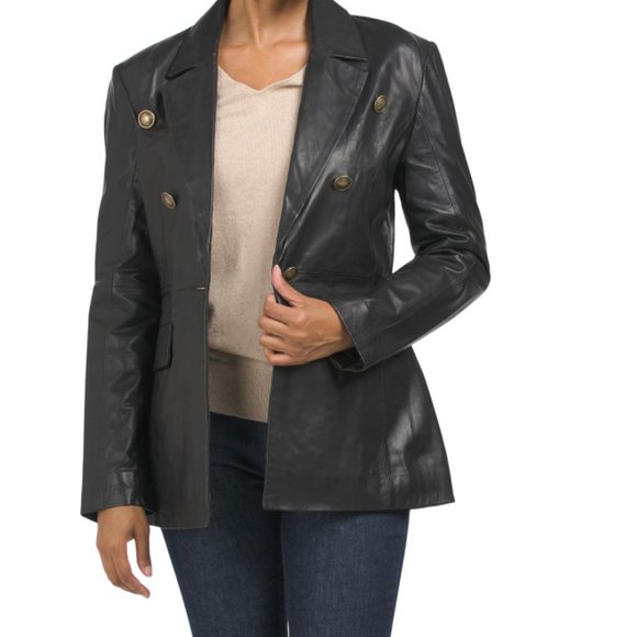 BOD & CHRISTENSEN Black Faux Leather Double Breasted Blazer